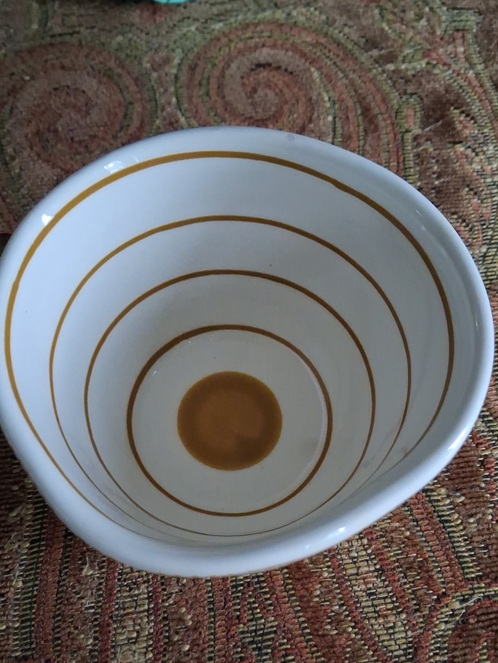 White World Market Artisan. Ceramic  with Gold Circle Pattern And Gold Handle.